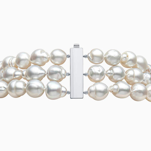 Baroque 18K Gold White South Sea Pearl Triple Row Necklace