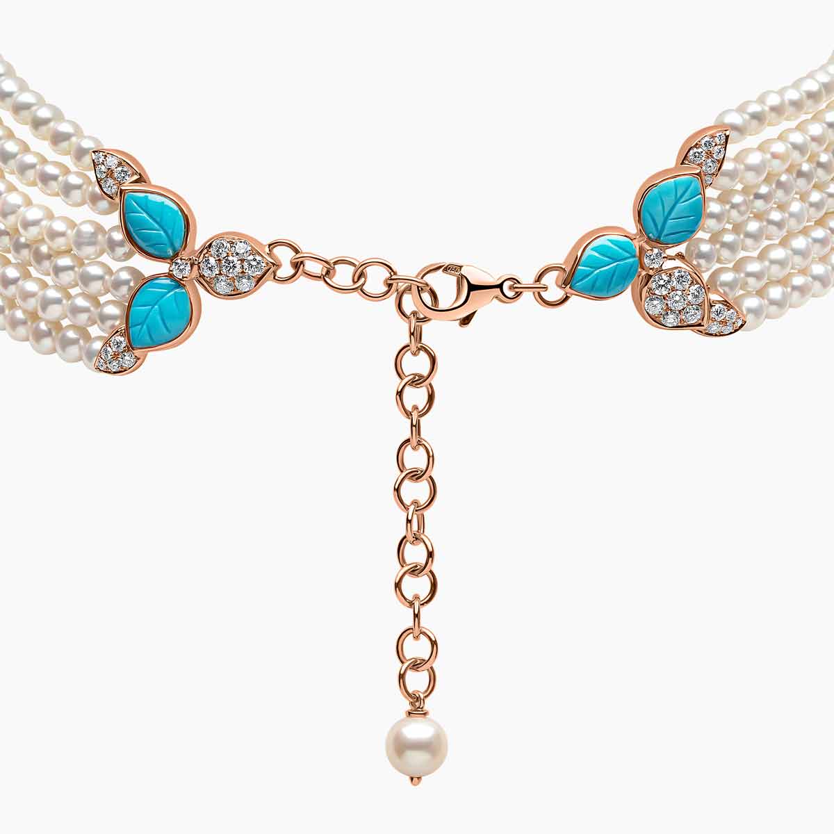 Cleopatra 18K Gold Freshwater Pearl Diamond and Turquoise Choker