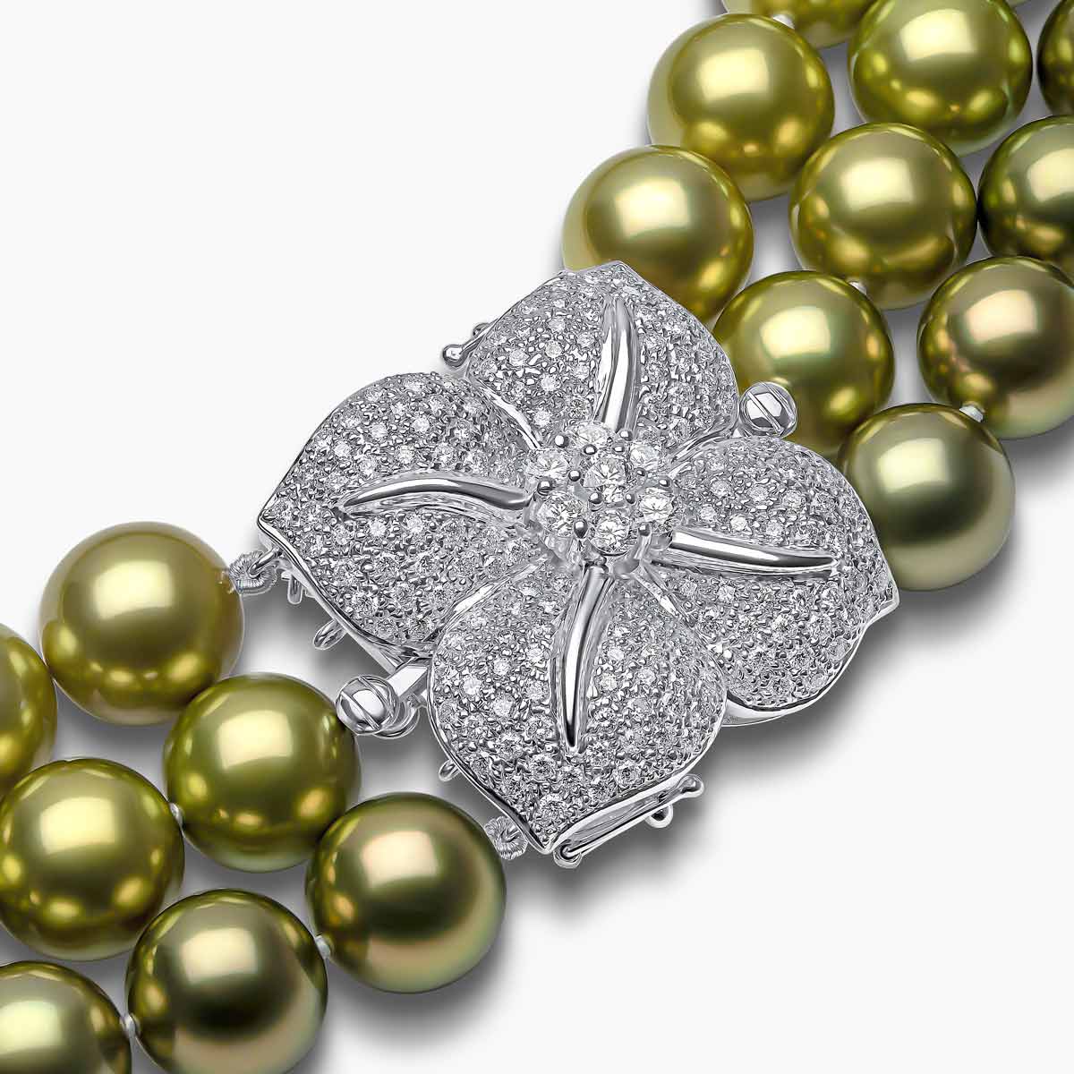 Contessa 18K Gold Pistachio Tahitian Pearl and Diamond Triple Row Necklace