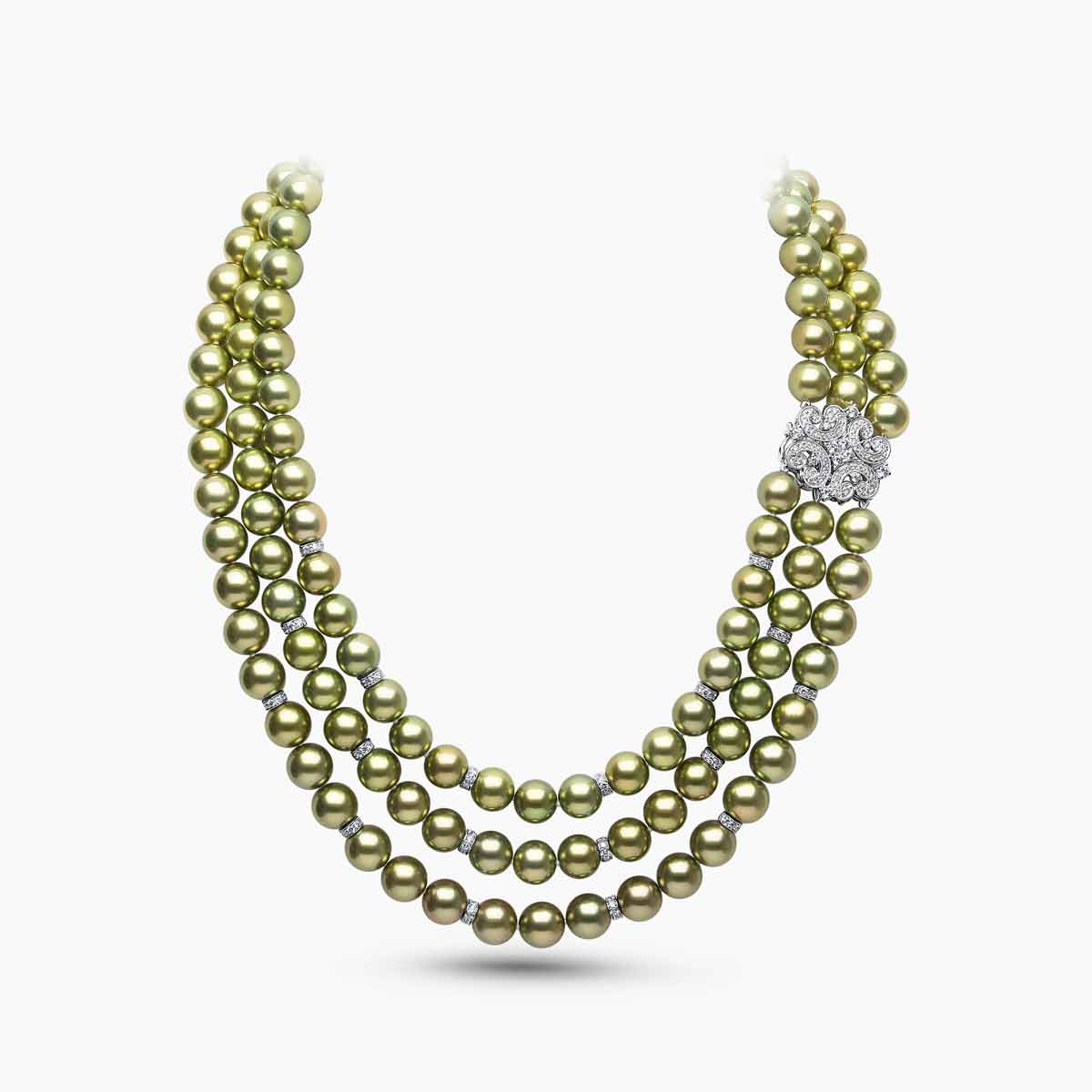 Contessa 18K Gold Pistachio Tahitian Pearl Triple Row Diamond Motif Necklace