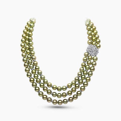 Contessa 18K Gold Pistachio Tahitian Pearl Triple Row Diamond Motif Necklace