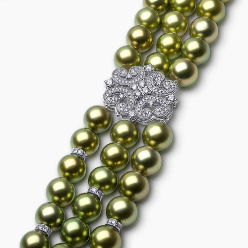 Contessa 18K Gold Pistachio Tahitian Pearl Triple Row Diamond Motif Necklace
