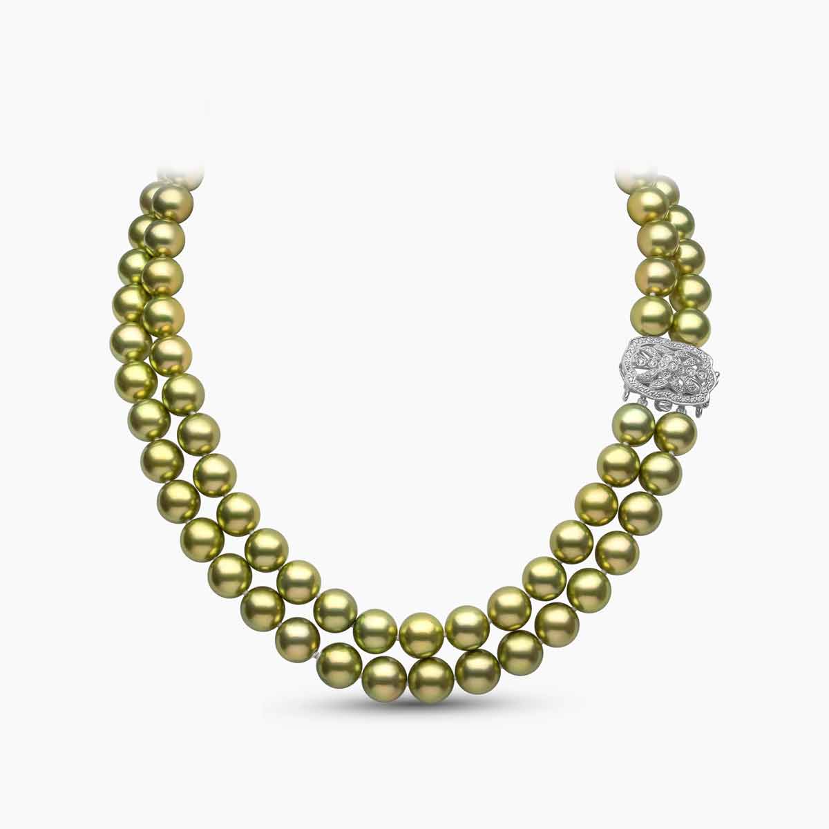 Contessa 18K Gold Pistachio Tahitian Pearl Double Row Diamond Motif Necklace