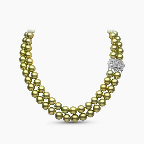 Contessa 18K Gold Pistachio Tahitian Pearl Double Row Diamond Motif Necklace