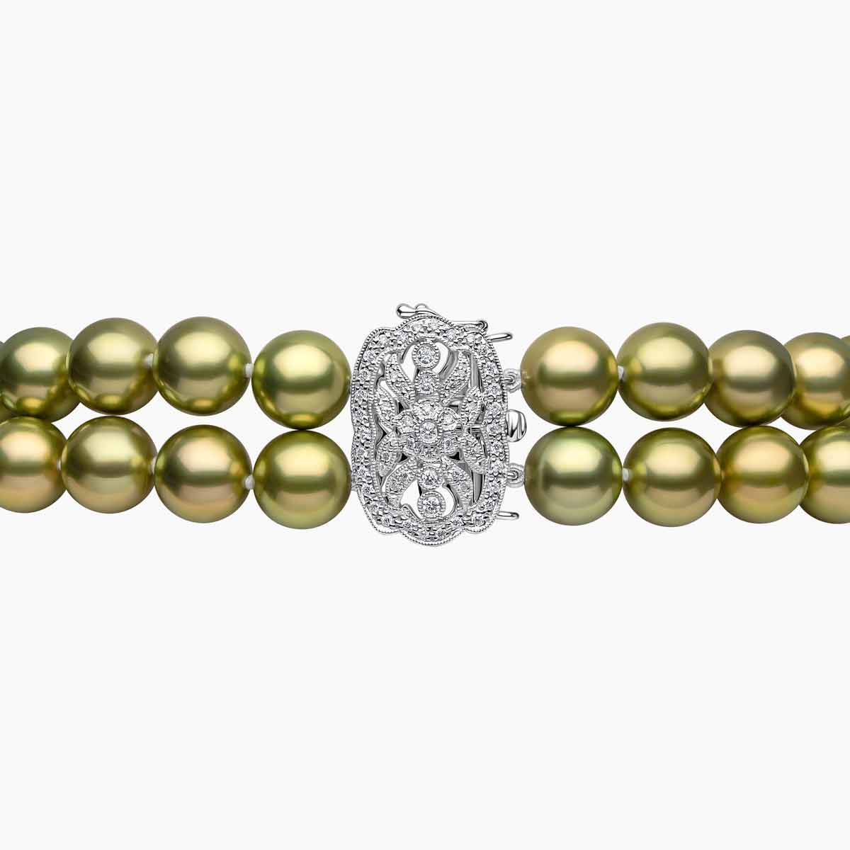 Contessa 18K Gold Pistachio Tahitian Pearl Double Row Diamond Motif Necklace