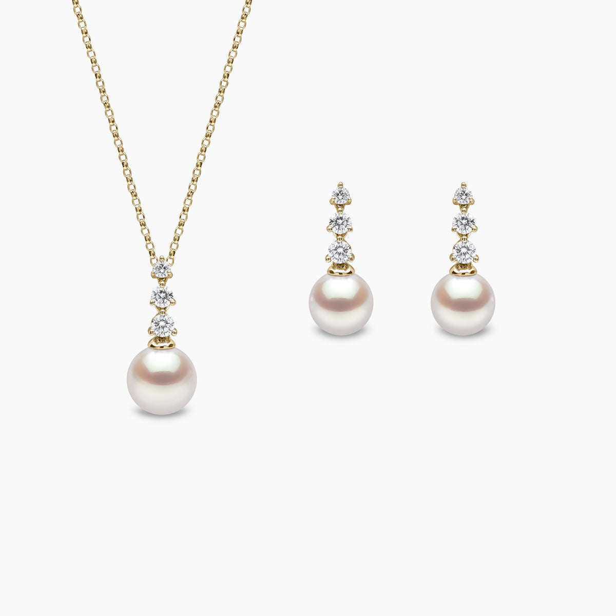 Diamond Classic 18K Gold Akoya Pearl Triple Diamond Earring and Pendant Set