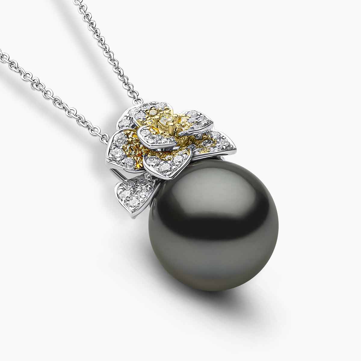 Sunrise 18K Gold Black Tahitian Pearl and Diamond Flower Motif Pendant